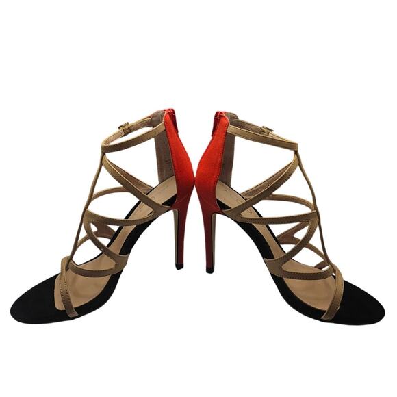 Aldo Suede Leather Strappy Heels Blk/Tan/Red Zip Up 4" Heel Sz 6.5 - Picture 5 of 7